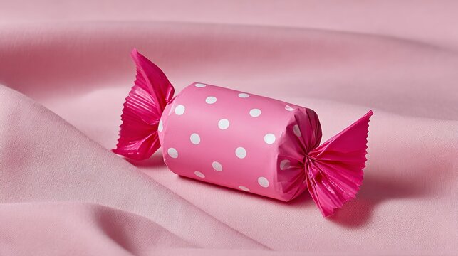 A pink candy wrapped in polka dot paper, placed on a soft pink fabric background