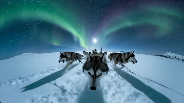 Dog Sled Team Pulling Sled on Snowy Terrain Under Aurora Borealis, Extreme Wide Angle
