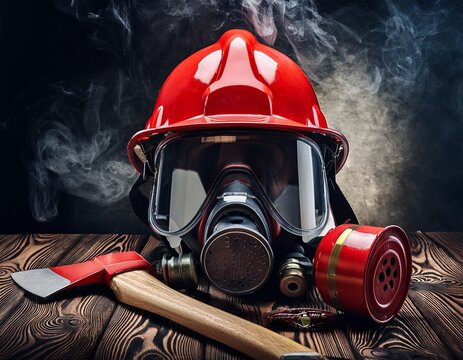 Firefighter's Essential Gear: Red Helmet, Gas Mask, and Axe Ready for Duty Amidst Smoke on a Wooden Surface