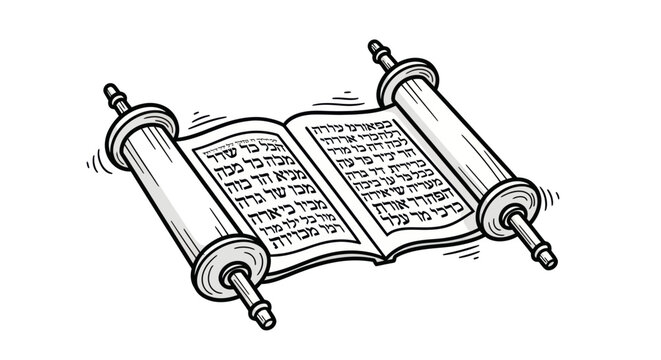 Open Torah Scroll Line Art Illustration with Ancient Text.