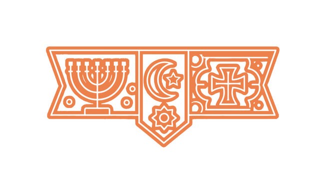 Abrahamic religions symbols: Menorah Crescent and Star and Cross in an orange line art banner.