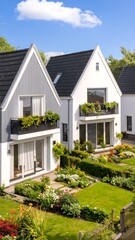 Modern houses with gardens under a clear sky