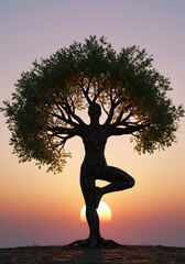 The Yoga Tree: a conceptual image of a person in a tree pose transforming into a tree, symbolizing balance, grounding, and connection with nature.
