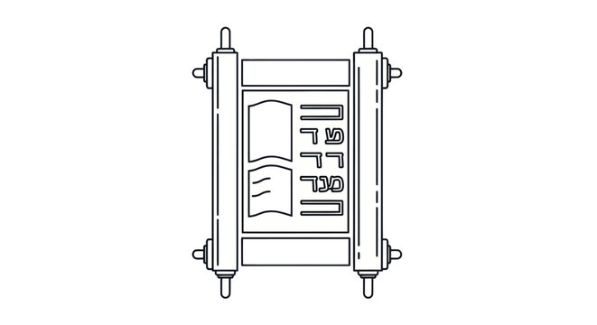 A line drawing of a Jewish Torah scroll unrolled to show the Ten Commandments tablets.