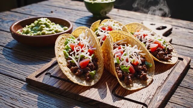Crispy taco shells filled with seasoned beef, fresh tomato, shredded cheese, salsa, cilantro, and tortilla served with side of guacamole for spicy lunch or savory taco snack delight