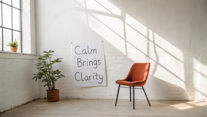 Fototapeta premium Orange chair beside a white wall with a motivational message