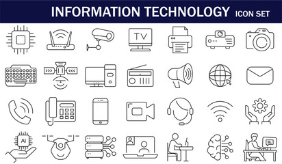Information Technology icon set in line style. Includes symbols for computer, AI, cloud, network, devices, communication, security, and digital tech. Perfect for web, apps, and infographics.