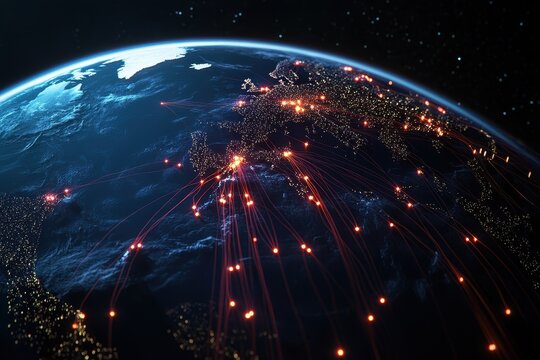 Earth at Night with Connections and Bright Cities in Space View