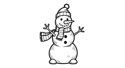 Hand-Drawn Smiling Snowman with Hat Scarf and Carrot Nose.