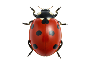 Seven-spotted ladybug PNG isolated on transparent background, red beetle with black spots for nature and biology concepts