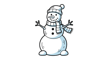 Hand-drawn illustration of a cheerful snowman wearing a hat and scarf.