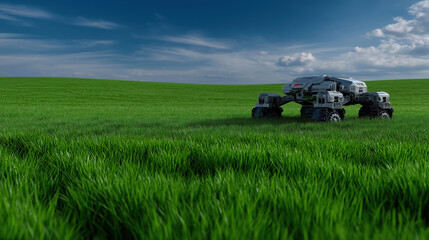 Fototapeta premium Futuristic vehicle exploring a green landscape under a bright sky