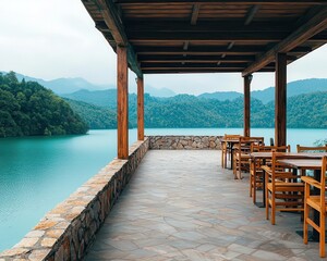 Obraz premium Scenic lakeside coffee shop with rustic timber beams, natural stone foundation, and peaceful atmosphere