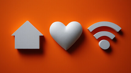 Symbols of home, love, and connectivity on an orange backdrop