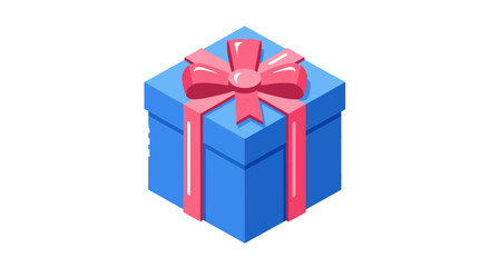 Isometric blue gift box with red ribbon and bow a festive present.