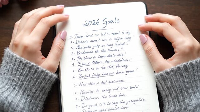 Woman in a soft, knitted sweater gently grasping an open notebook. On the page, a neatly written list of aspirations and goals for the upcoming year of 2026