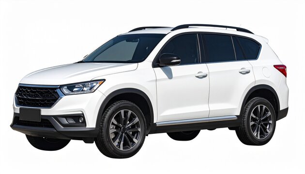 Describe a white SUV with black trim, roof rails, alloy wheels, and chrome grille parked on a white background. Highlight its modern design, sleek features, and appeal for automotive marketing.