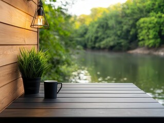 Coffee shop with blackandwood farmhouse design, hanging lanterns, and peaceful waterside setting