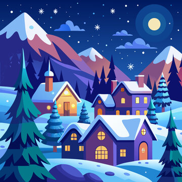 Magical winter village glowing with golden Christmas lights under a snowy night sky, surrounded by pine trees and mountain silhouettes, serene and festive seasonal vector landscape illustration