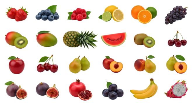 Assorted fresh fruits arranged in rows isolated on a transparent background