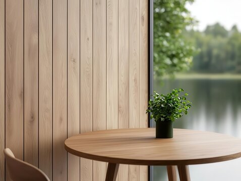 Minimal modern rustic lakeside cafe with warm timber, glass walls, and cozy lakeside view