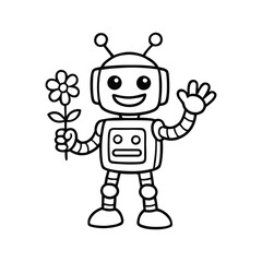 Cute friendly cartoon robot character holding a flower and waving hello with a happy expression