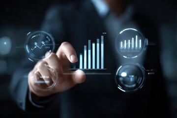 Businessman using KPI dashboard.Financial business KPI System data analytics graph dashboard.Data System KPI and metrics connected in database for follow earnings,operations and sales data.