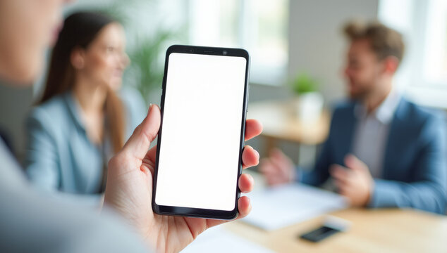  a phone with a white blank screen is in close-up, touching the screen in the office with his finger