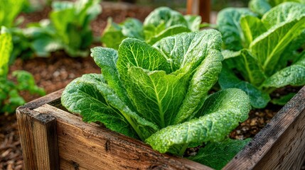 Lettuce growing in a wooden planter in a garden setting