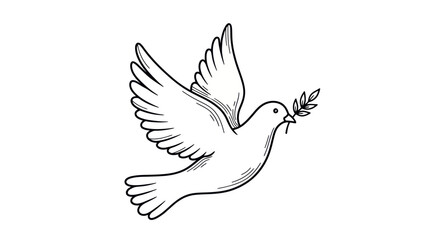 Hand-drawn Dove of Peace with Olive Branch in Flight.