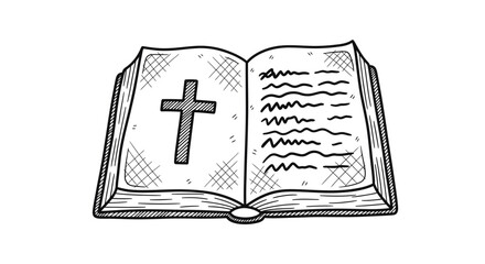 Open Bible with Cross Illustration in Black and White.