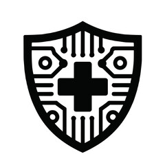 Modern antivirus shield icon with circuit pattern and cross symbol for cybersecurity concept on transparent background 