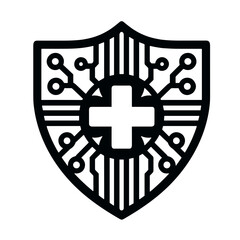 Stylized antivirus shield with circuit design and central cross for digital protection concept on transparent background 