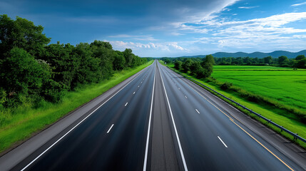Naklejka premium Empty highway stretches through green countryside under a blue sky