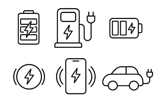 Charging icon set in thin line style. Vector collection of symbols for energy and power. Includes electric car, battery, smartphone, wireless charging, and station pictogram.
