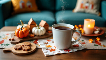 cup of coffee and cookies Steaming mug of hot drink on a fall themed table setting. Cozy autumn decoration with pumpkin and candle. Thanksgiving holiday concept