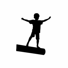 Silhouette of a boy balancing on a beam isolated on white background