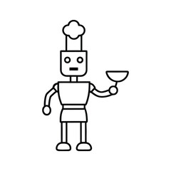 Friendly cartoon robot chef wearing a tall hat and holding a small bowl in its hand. robot cartoon character.