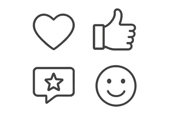 Like and feedback line icon collection. Heart, thumb up, star rating, and smile face symbols for social media. Positive appreciation and customer review vector icon set.