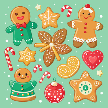 Cute Christmas gingerbread cookie set with gingerbread men, candy canes, stars, hearts, and Christmas tree shapes decorated with icing and sprinkles, colorful festive holiday dessert vector illustrati