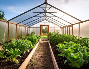 Fototapeta premium Sun-drenched greenhouse garden