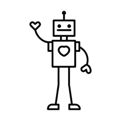Cute hand drawn robot character with a heart on its chest waving hello. robot cartoon character.