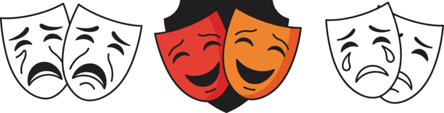 Naklejki Theatrical comedy and tragedy masks illustration, drama performance symbol, classic theater art vector, emotional expression, entertainment culture, stage design concept