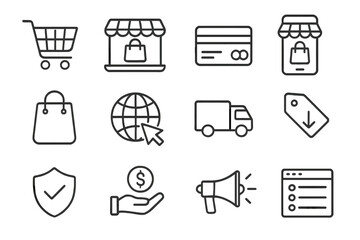 Online shopping and e-commerce line icon set. Vector collection for web shop, digital marketing. Includes credit card, mobile store, delivery, payment and security signs.