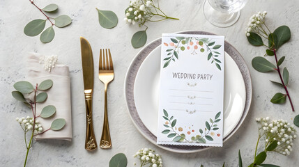 Elegant wedding table setting with floral invitation card, golden cutlery, and eucalyptus decor, minimalist celebration theme, modern wedding stationery and table styling inspiration