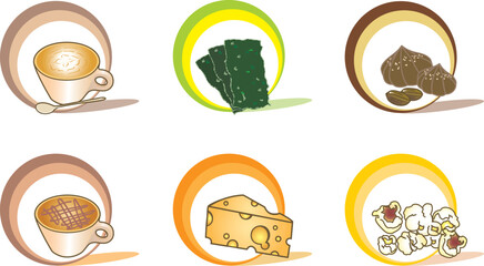 Vector graphics: coffee, seaweed, cheese, popcorn, chocolate, latte, cappuccino, mocha