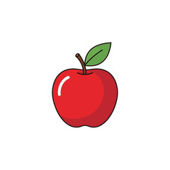 Cartoon Red Apple with Green Leaf and Brown Stem Illustration