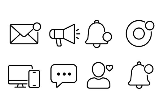 Notification line icon set. Web and mobile app interface elements. Vector illustration for social media, message, reminder, alert, chat, email, marketing and subscription.
