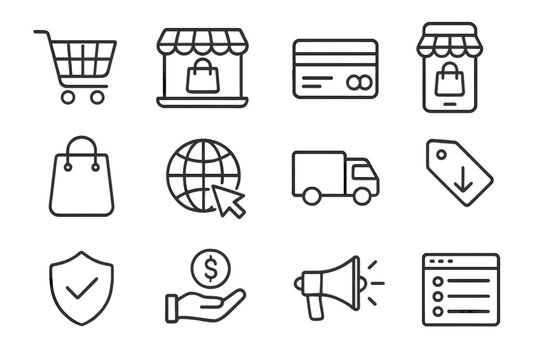 Online shopping and e-commerce line icon set. Vector collection for web shop, digital marketing. Includes credit card, mobile store, delivery, payment and security signs.