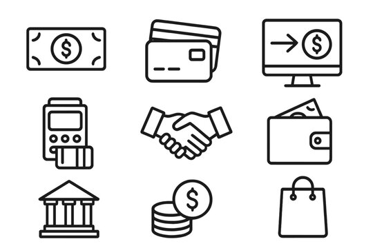 Payment and finance web icons in line style. Set of money, payment methods, pay online, credit card, business, wallet, bank, and shopping symbols. Vector collection.